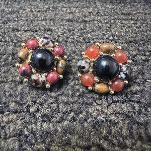 Vintage‎ Cluster Beaded Fall Toned Cabochon Lucite clip on earrings